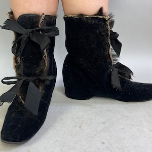 1930s Cold Weather Coverup Boots Vintage 30s Black Velvet Ribbon Lace Up Wedge Style Shoe Slip Covers Booties Victorian Style Size 7-8 image 5