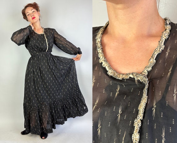 1800s Mourning on the Range Dress Set | Vintage Antique Victorian Black and White Print Semi-Sheer Summer Cotton Bodice Top + Skirt | Medium