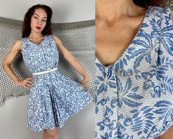 1940s Freedom in Fronds Romper | Vintage 30s Blue and White Leaf and Zig Zag Print Cotton Box Pleat Playsuit with Jersey Liner | Large XL