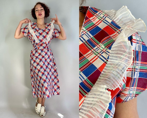 1930s Farmhouse Frolic Frock | Vintage 30s Deadstock Red Blue Green & White Plaid Cotton Dress w/Pleated Ruff Organdy Trim | Extra Large XL