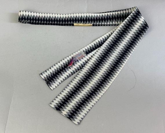 1940s Zig when they Zag Necktie | Vintage 40s Deadstock Black Grey and White Jagged Diamonds Rayon Jersey Square Hem Self Tie w/1948 Patent!