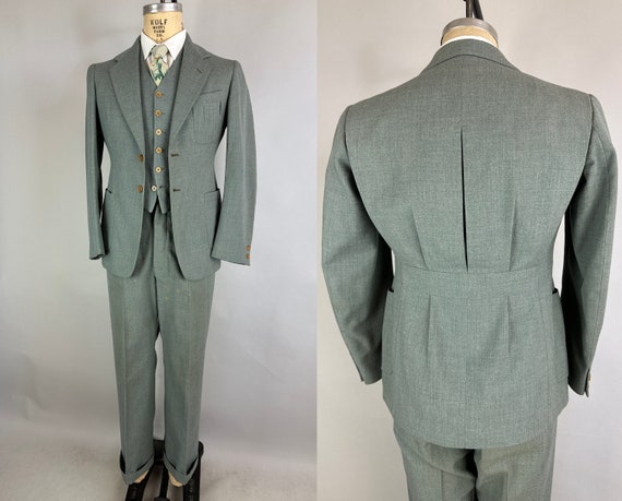 1930s Holy Grail Suit | Vintage 30s 3-Piece Sage Green Grey NRA Label Wool Set with Belted Action Back Jacket Vest & Pants | Size 36 Small