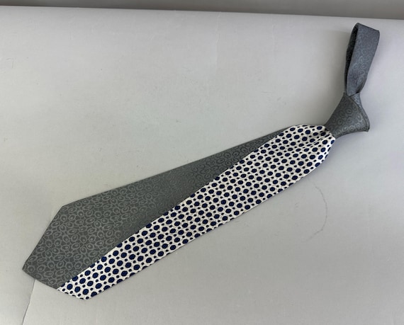 1940s Dots and Spots Necktie | Vintage 40s Wide Rayon Self Tie Cravat Gunmetal Silver w/Tone on Tone Design Split with Blue Circles on White
