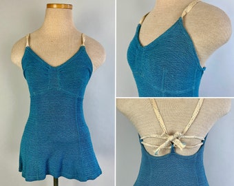 1930s Making Waves Bathing Suit | Vintage 30s Lastex Ocean Blue One Piece Swimsuit w/Criss Cross Braided Strap Back | Extra Small XS Small
