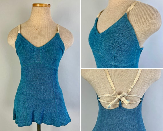 1930s Making Waves Bathing Suit | Vintage 30s Lastex Ocean Blue One Piece Swimsuit w/Criss Cross Braided Strap Back | Extra Small XS Small