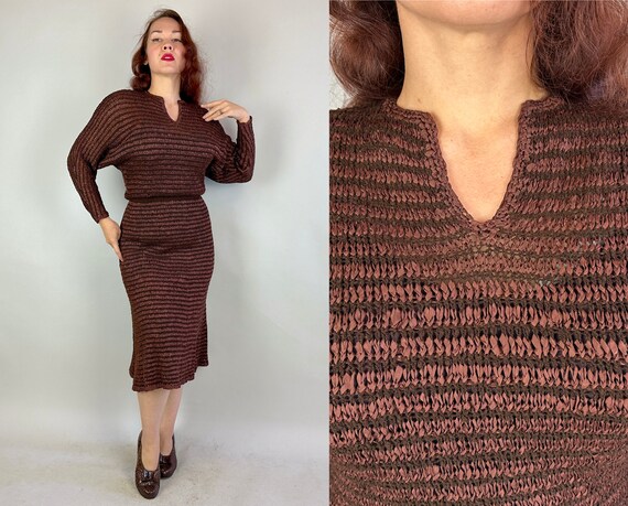 1940s Ravishing Ribbon Knit Dress | Vintage 40s Bronze and Chocolate Brown Wool Curve Hugging Stripe Frock | Medium Large Extra Large XL