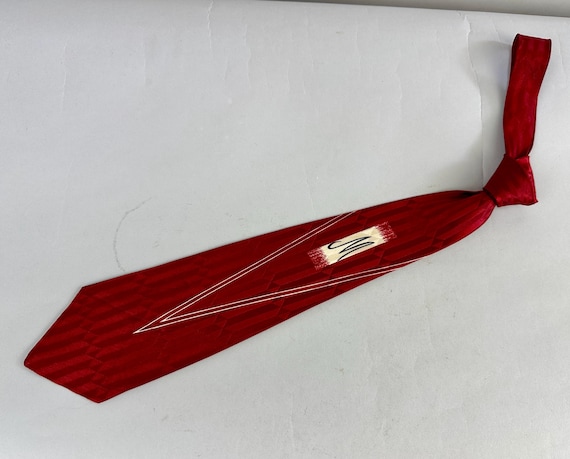 1950s Masterful Mr Necktie | Vintage 50s Crimson Red Rayon Geometric Satin Weave Self Tie Cravat with White Chevron and Monogram Window