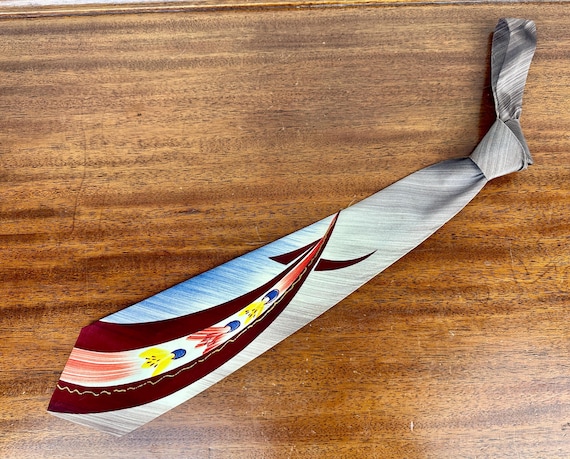 1950s The Rocketeer Necktie | Vintage 50s Blue Maroon Purple and Yellow Airbrush Silk Self Tie Cravat w/ Rockets & Hand Painted Gold Accents