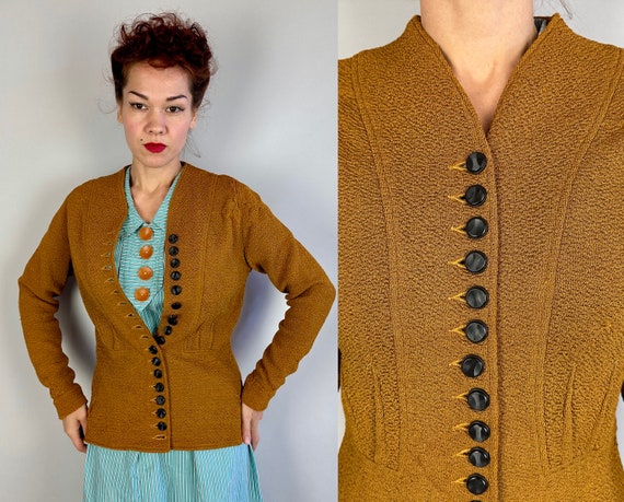 1930s Deco Darling Cardigan | Vintage 30s Tarnished Gold Textured Rayon Knit Sweater with Black Buttons and Fitted Waist | Medium Large