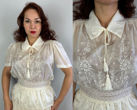 1940s Parachute Peasant Blouse | Vintage 40s White Repurposed Silk Hungarian Tone on Tone Smocked and Embroidered Shirt Top | Small Medium