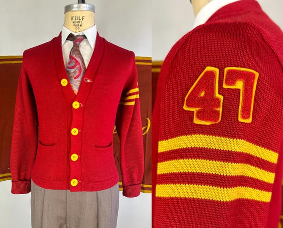 1940s Quidditch Champion Cardigan | Vintage 40s Crimson and Goldenrod Yellow Wool Knit Varsity Stripes Letterman Sweater Dated 1947! | Small