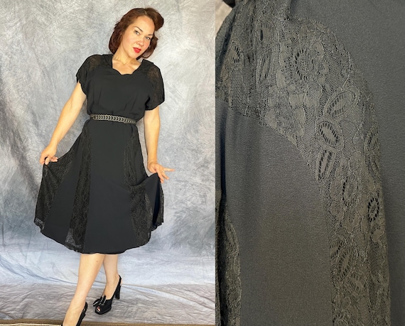 1940s Late-Night Lace Lover Dress | Vintage 40s Jet Black Rayon Crepe LBD with Lacey Short Sleeves & Collar | Extra Large XL