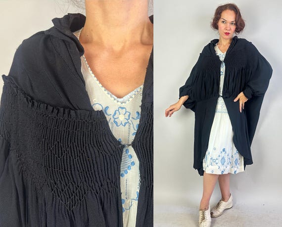 1920s Captivating Cloistered Cocoon Coat | Vintage Antique 20s Black Rayon Crepe Silk Lined Duster Jacket w/Ornate Smocking | Medium Large