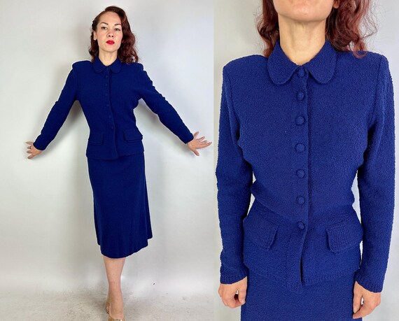 1940s Never Go Wrong Navy Knit Set | Vintage 40s Two Piece Blue Wool Boucle Cardigan Sweater and Skirt Ensemble | Medium Large
