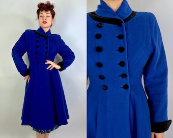 1940s Stunning Sapphire Princess Coat  | Vintage 40s Blue Wool & Black Velvet Double Breasted Full Skirt Overcoat with Shawl Collar | Small
