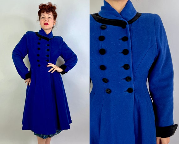 1940s Stunning Sapphire Princess Coat  | Vintage 40s Blue Wool & Black Velvet Double Breasted Full Skirt Overcoat with Shawl Collar | Small