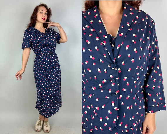 1950s Ready for Anything Ensemble | Vintage 50s Navy Blue with White and Pink Puffs Print Cotton Dress Jacket and Belt Set | Extra Large XL