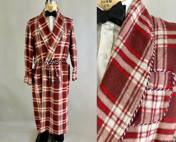 1920s Window Wonderer Robe | Vintage 20s NOS Brown Red White Plaid Flannel Lounge Smoking Jacket w/Maroon & White Accents by Beacon | Large