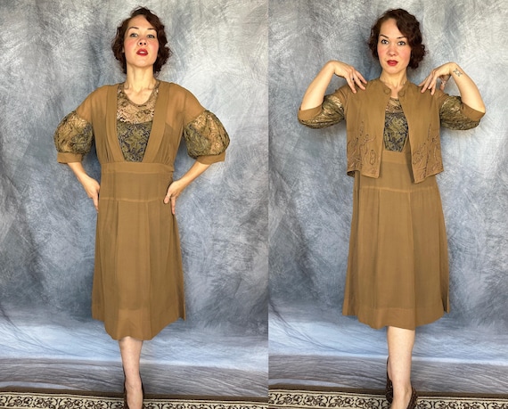 1930s Lady of the Land Dress Set | Vintage 30s Tan Brown Frock Bolero 2 Piece Set w Lace and Cattail Appliqué & Embroidery | Small Medium