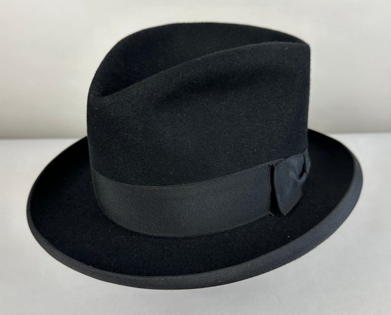 1930s Man in Black Homburg | Vintage 30s Black Fur Felt Mens Fedora Hat w/ Tone on Tone Grosgrain Ribbon Band + Trim | Size 7&1/4 7.25 Large