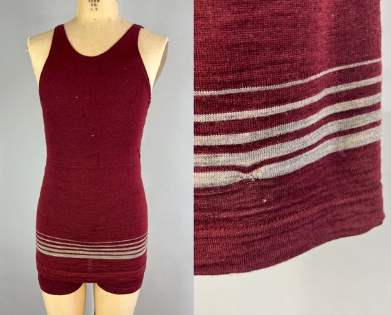 1920s Gradient Grey Stripe Swimsuit | Vintage Antique 20s Burgundy Wool Knit Two-Tone Bathing Suit Swimwear with Gray Stripes | Medium