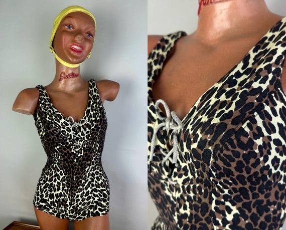 1960s Safari Scandal Swimsuit | Vintage 60s Black Brown & Cream Leopard Print Bathing Suit w/ Corset Lacing | Extra Small XS Small Medium