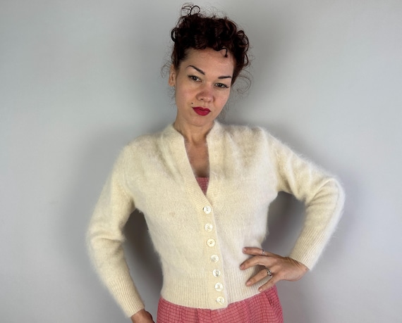 1950s Honey Bunny Cuddle Cardigan | Vintage 50s White Fuzzy Halo Angora Rabbit Fur Knit Button Up Sweater with Shell Buttons | Small Medium