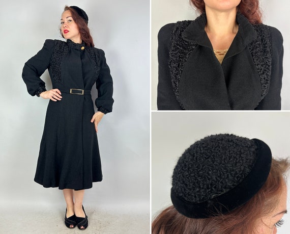 1940s Stunning Starlet Coat & Hat Ensemble | Vintage 40s Black Wool and Curly Lamb Belted Overcoat with Gold Buttons Set | Small Medium