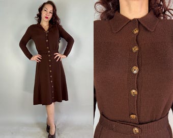 1940s Hot Chocolate Kiss Knit Dress | Vintage 40s Brown Wool Marbled Caramel Button Up Knitwear Frock with Matching Belt | Small Medium