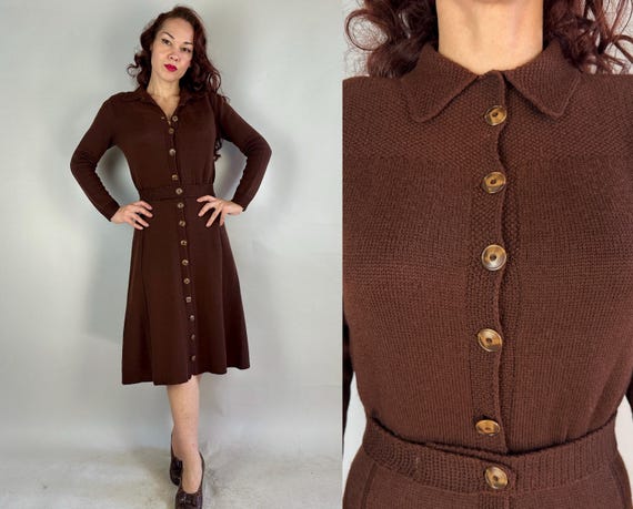 1940s Hot Chocolate Kiss Knit Dress | Vintage 40s Brown Wool Marbled Caramel Button Up Knitwear Frock with Matching Belt | Small Medium