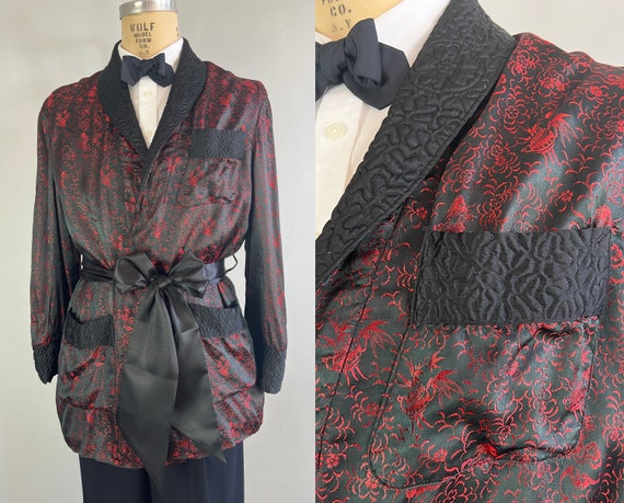 1950s Sophisticated Smoking Jacket | Vintage 50s Red and Black Silk Brocade Belted Lounge Robe with Quilted Trim | Large/Extra Large XL