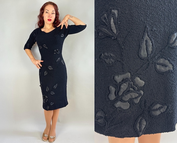 1940s Garden of Dark Delights Knit Dress | Vintage 40s Black Boucle Wool Frock with Satin Applique of Vining Flowers | Small Medium Large