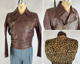 1950s Leather Daddy in Leopard Jacket | Vintage 50s Brown Motorcycle Jacket with Quilting 3-Buckle Waist and Animal Print Lining! | Medium