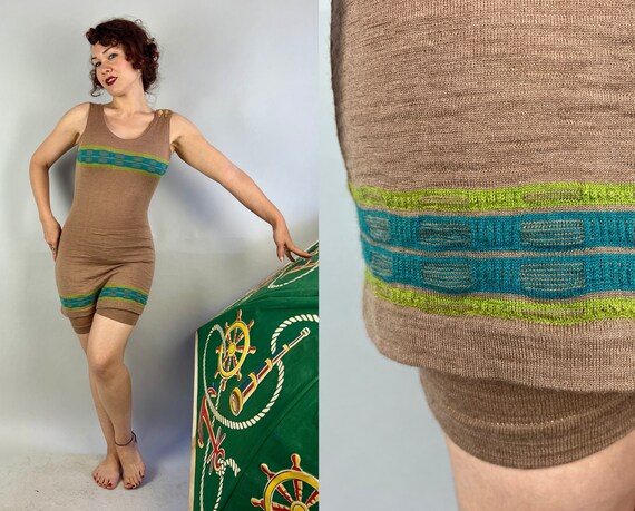 1920s Blythe's Bathing Suit | Vintage Antique 20s  Taupe Wool Knit with Chartreuse and Teal Stripes Swimsuit Swimwear | Small/Medium/Large