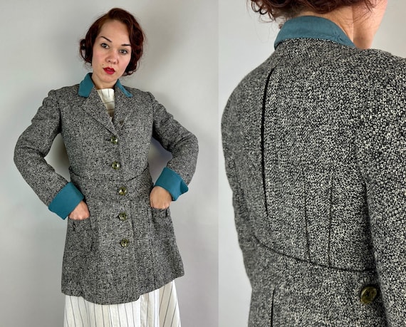 1910s Terrific Tweed Teens Jacket | Vintage Antique Black and White Mottled Wool Belted Coat with Pleats & Blue Cuffs and Collar | Medium