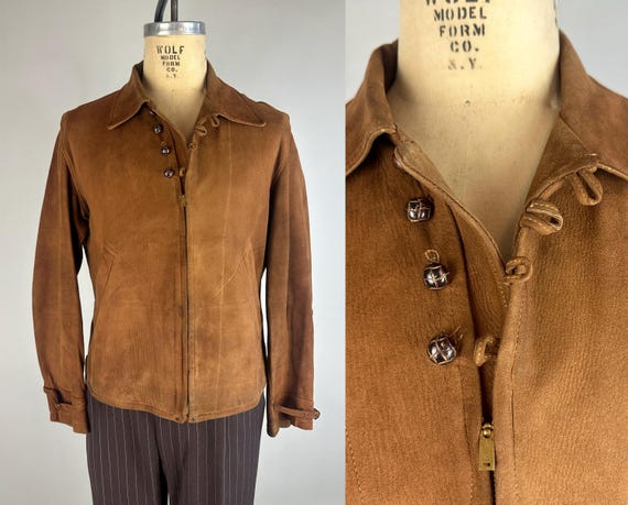 1930s Gaucho Leather Jacket | Vintage 30s Cinnamon Brown Suede Grommet Talon Zip and Button-Up Pleated Sportswear Casual Coat | Medium/Large