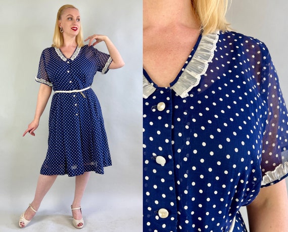 1940s Classic Cassie Frock | Vintage 40s Sheer Cotton Polka Dot Day Dress in Navy Blue and White with Lace Trim | Extra Large XL Volup