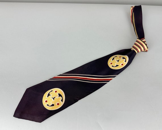 1940s Fabulous Frank Necktie | Vintage 40s Silk Black Self Tie Cravat with Red and White Stripes and Yellow Crests by “Towncraft Deluxe”