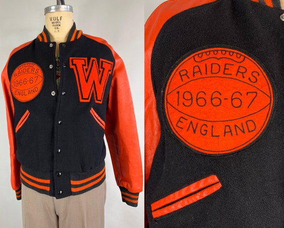 1960s Letterman Leader Jacket | Vintage 60s Two Tone Black Wool and Orange Leather Dated 1966 Raiders England School College Coat | Large
