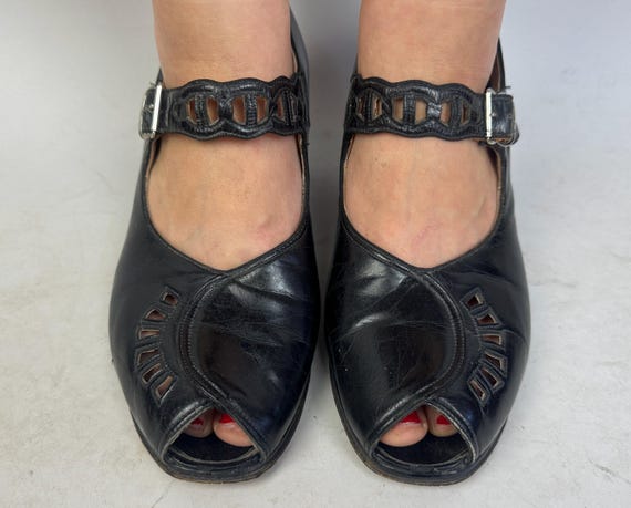 1940s Model Made Mary Janes | Vintage 40s Black Leather Buckle Strap Heeled Shoes with Cutout Details and Peep Toes | Size US 9