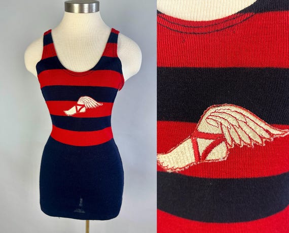 1920s Hermes Meets Poseidon Bathing Suit | Vintage Antique 20s Blue and Red Stripes Wool Knit Kidney Swimsuit w/Embroidered Patch | XS Small