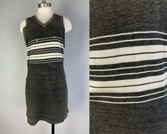 1920s Your Right To Style "Rite Style" Swimsuit | Vintage 20s Heathered Grey Wool One piece Bathing Suit w/ White Stripes | Medium Large XL