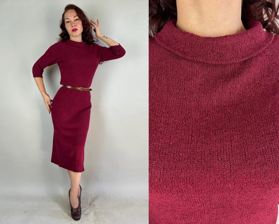 1940s Creatively Cranberry Knit Dress | Vintage 40s Dark Red Wool Knitwear Frock with Mock Turtle Neck and Nape Zipper | XS Small Medium