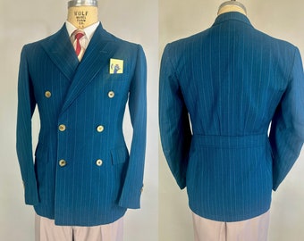 1930s Teal Belted Back Suit | Vintage 30s Two Piece Pinstriped Wool Set with Peak Lapels Belt Back Jacket & Vest | Size 38 Medium