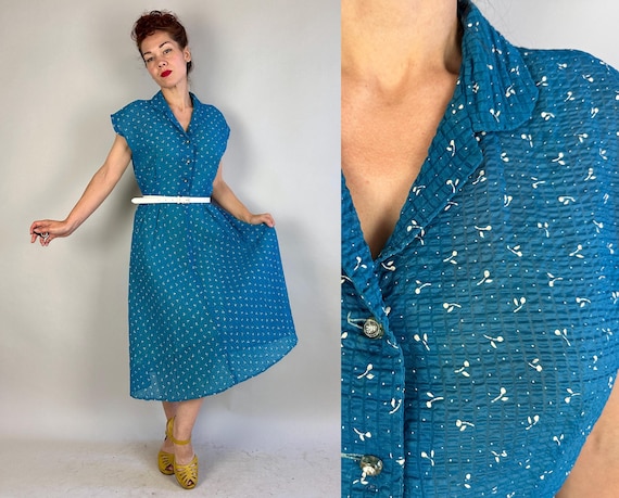 1940s Floating Seeds Frock | Vintage 40s Semi-Sheer Seersucker Blue Rhinestone Button Dress w/White Flower Speckles Print | Extra Large XL