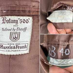 May include: Close-up of a brown suit jacket interior with labels. The main label reads "Botany 500" and "Harris & Frank, California, Since 1856". Additional labels show size details, including "40 SHORT".