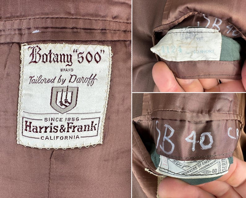 May include: Close-up of a brown suit jacket interior with labels. The main label reads "Botany 500" and "Harris & Frank, California, Since 1856". Additional labels show size details, including "40 SHORT".