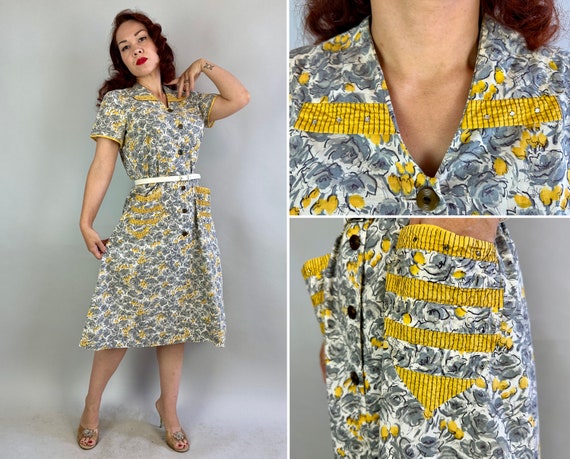 1940s Spring Fling Dress | Vintage 40s Yellow Grey and White Floral Print Cotton Shirtwaist Frock w/Rhinestones and Pockets | Extra Large XL