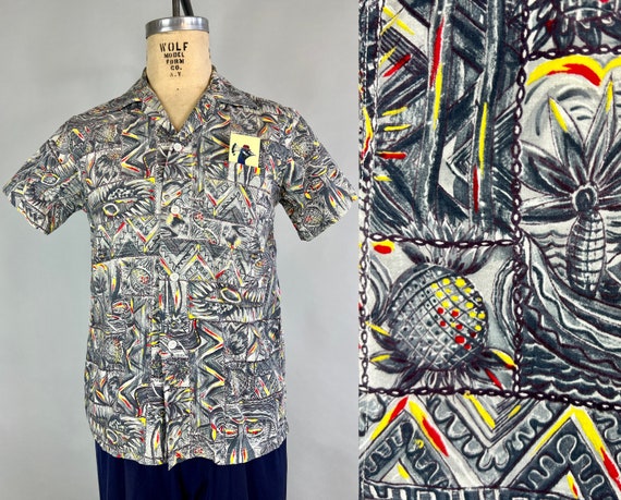 1950s Pineapple Passion Shirt | Vintage 50s Grey Yellow and Red Hawaiian Cotton Tiki Button Up Top with Abstract Island Theme Print | Small