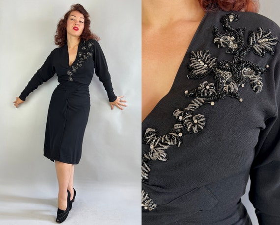 1940s Adorned in "Adrian" Dress | Vintage 40s Hollywood Designer Black Rayon Crepe Beaded Frock w/Dolman Sleeves and Plunging Neck | Small